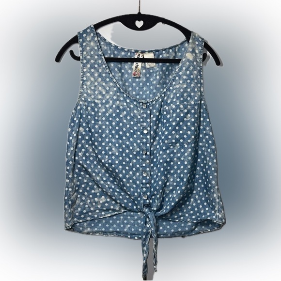 Mimi Chica | Sleeveless Medium Dotted Button Down Tank Top Faux Denim Tie Front - Picture 7 of 7